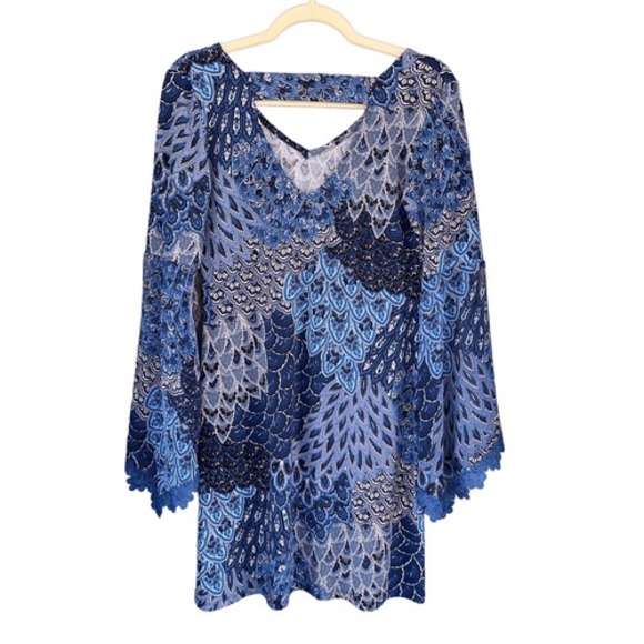 T6 Westport 1962 Boho‎ Blue Feather Print Design Tunic Dress Size Small - Picture 1 of 6